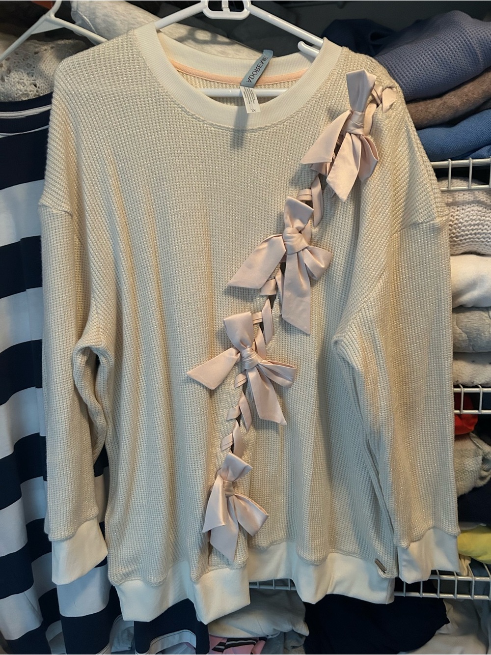 Cream Knit Pullover with Bow-Trim Detail